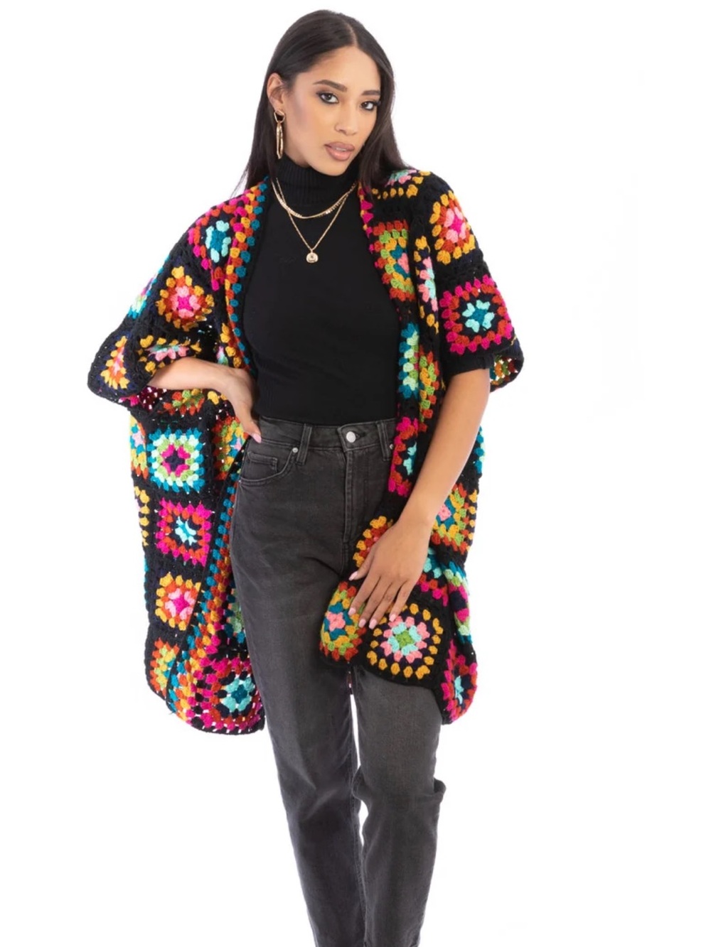 SAACHI Multicolor Crochet Granny Square Kimono